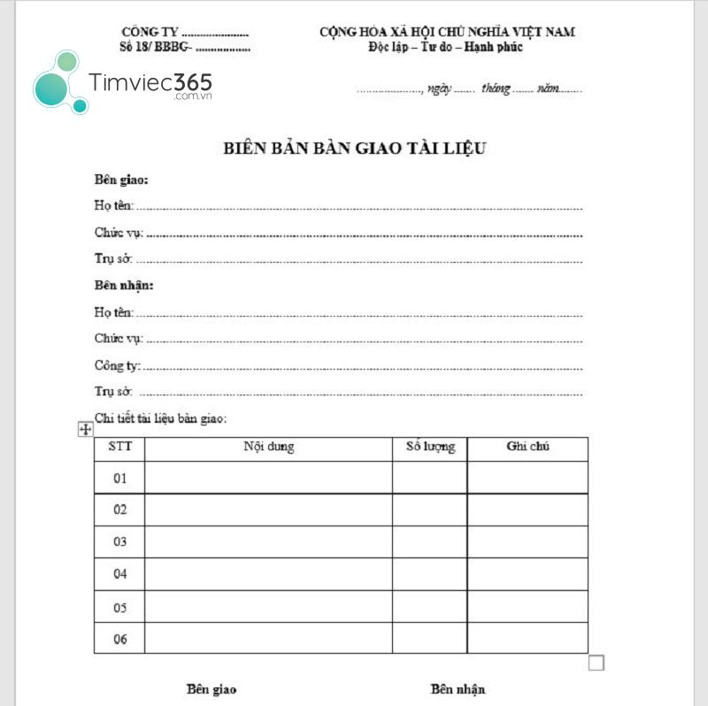 Biên bản bàn giao tài sản, công việc